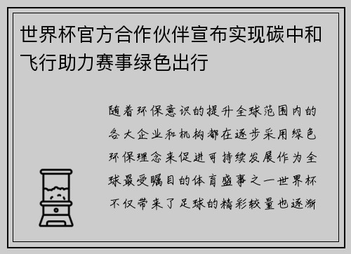 世界杯官方合作伙伴宣布实现碳中和飞行助力赛事绿色出行
