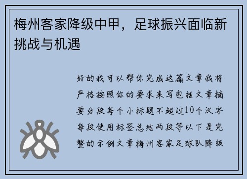 梅州客家降级中甲，足球振兴面临新挑战与机遇